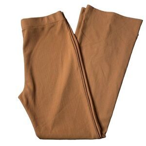 ELODIE Rib Knit Pull On Pants Tan Size Large Flare Leg Minimalist Comfort